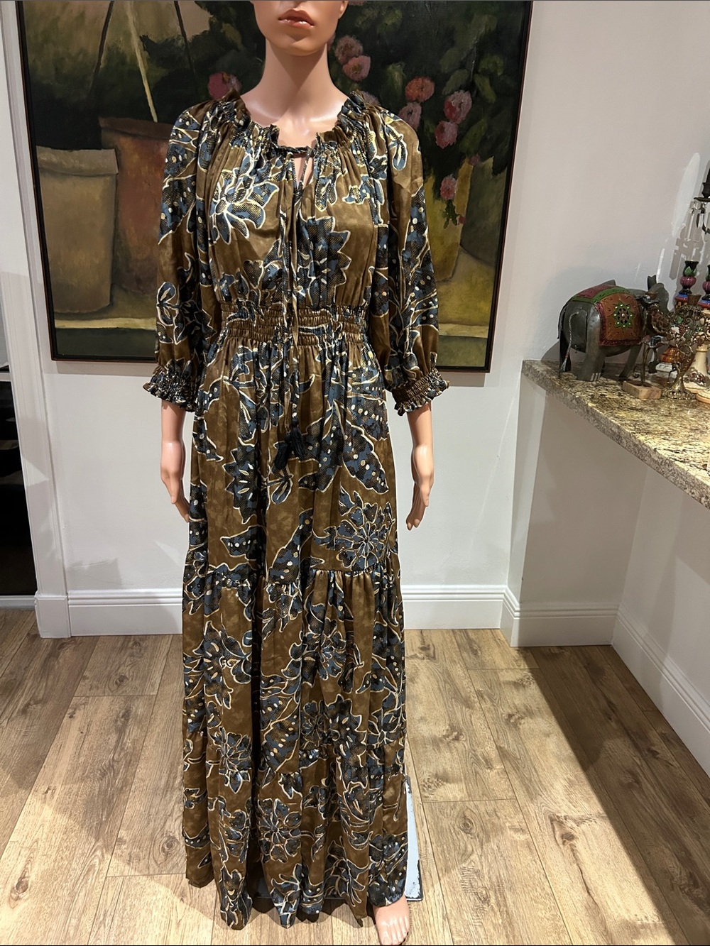 Boho Tribe bronze, blue and gold print maxi dress